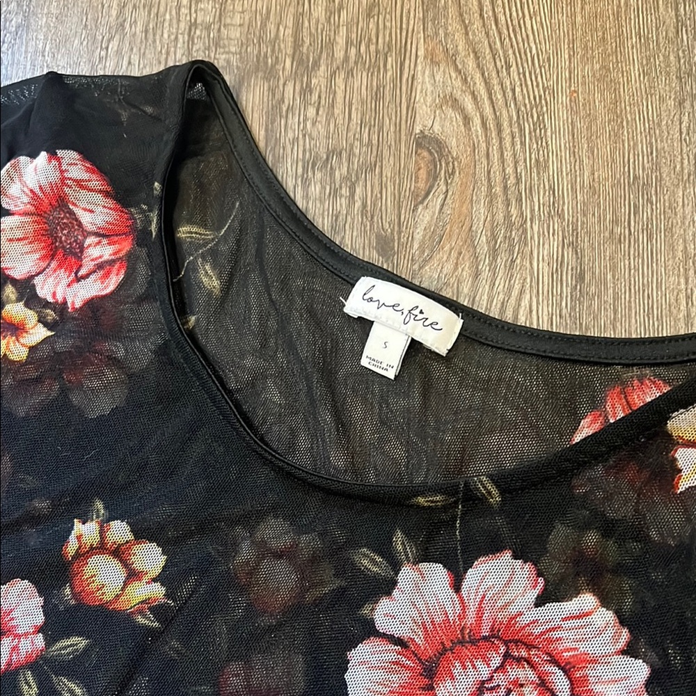 love, Fire Black Floral Long Sleeve mesh Blouse S